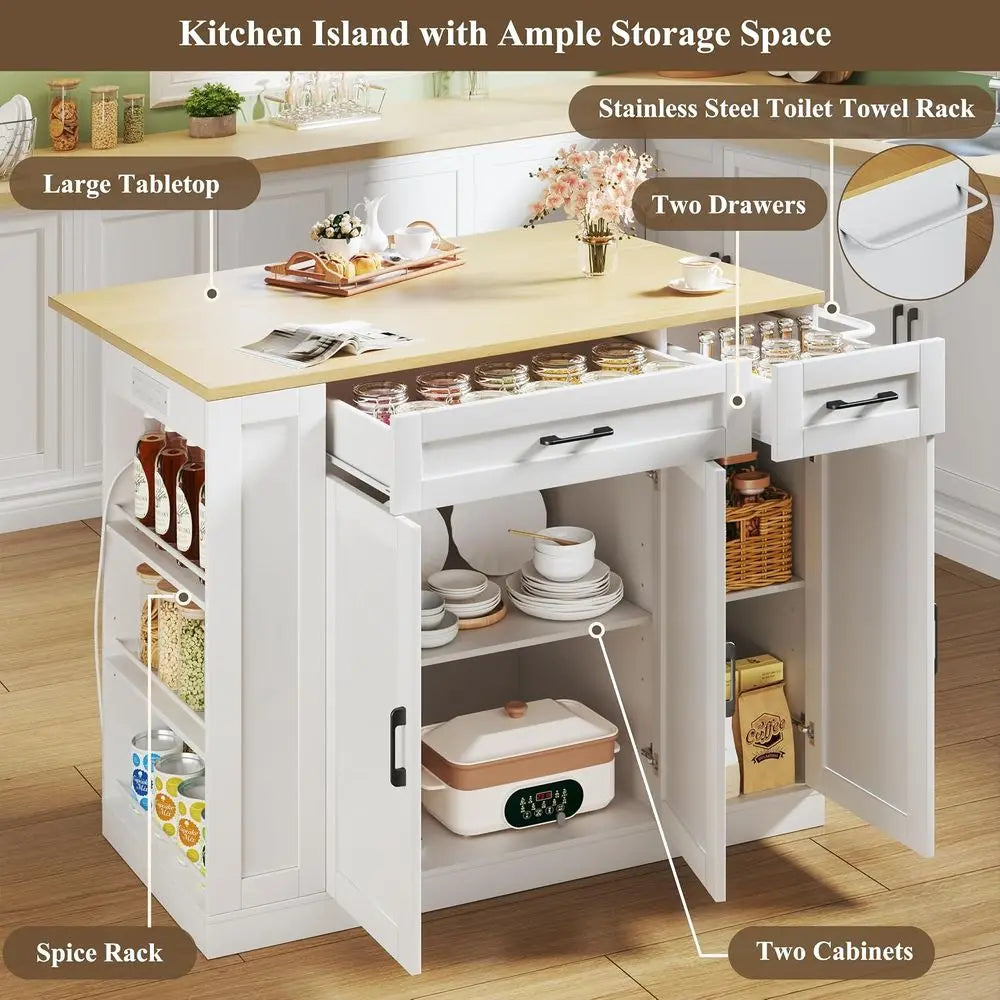 Rolling Kitchen Island With Storage Cabinets And Drop Leaf Seating
