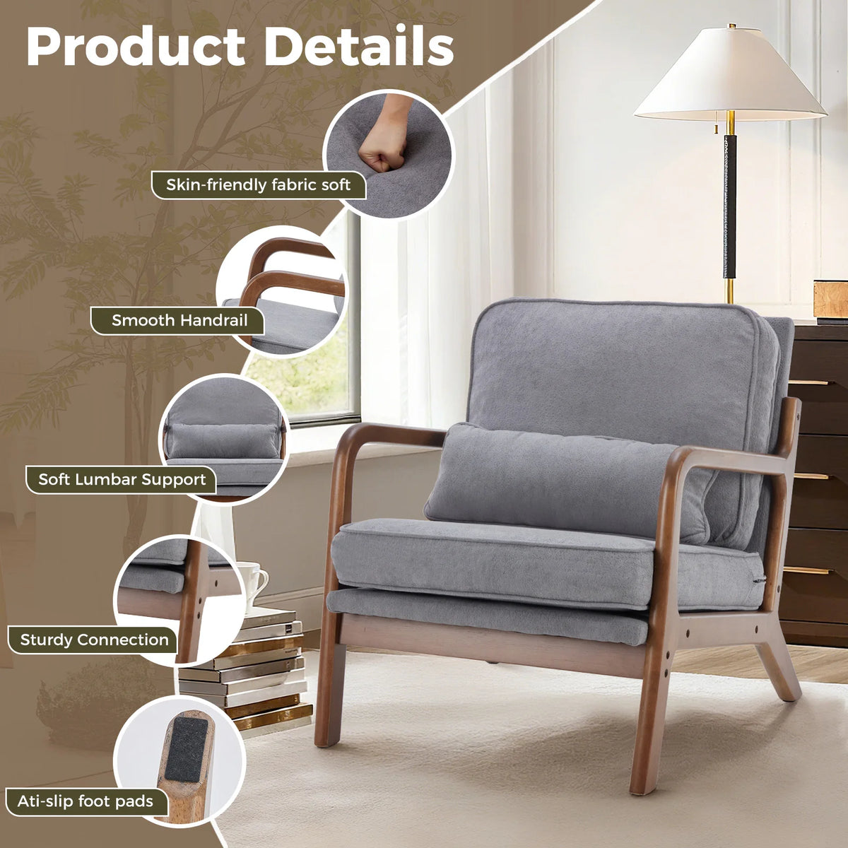 JHK Mid Century Modern Wooden Accent Chair With Arms