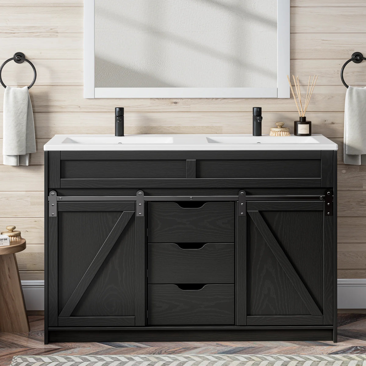 EVOKEDEN Farmhouse Bathroom Vanity With Sink Barn Doors Drawers