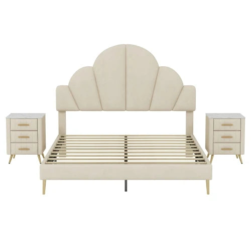 Velvet Upholstered Bed Frame 3 Piece Bedroom Set Petal Headboard