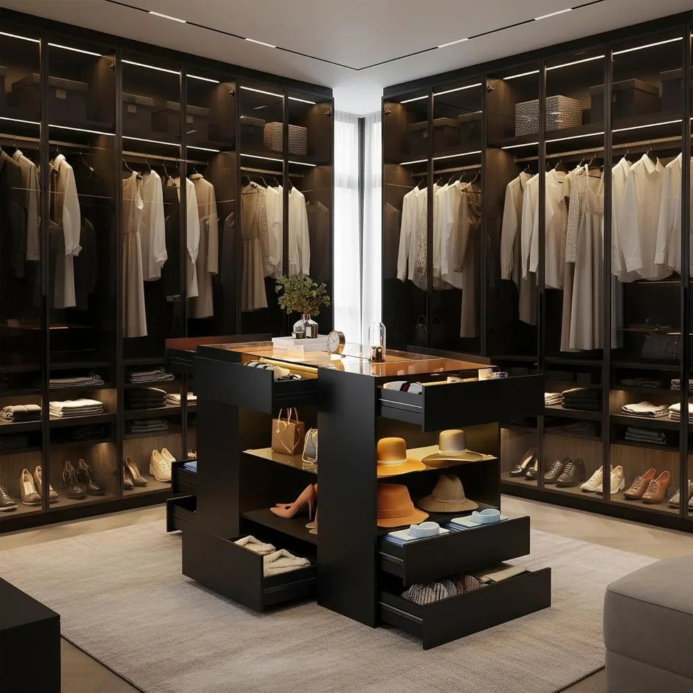 Modern Closet Island With 10 Drawers And Glass Top Armoire