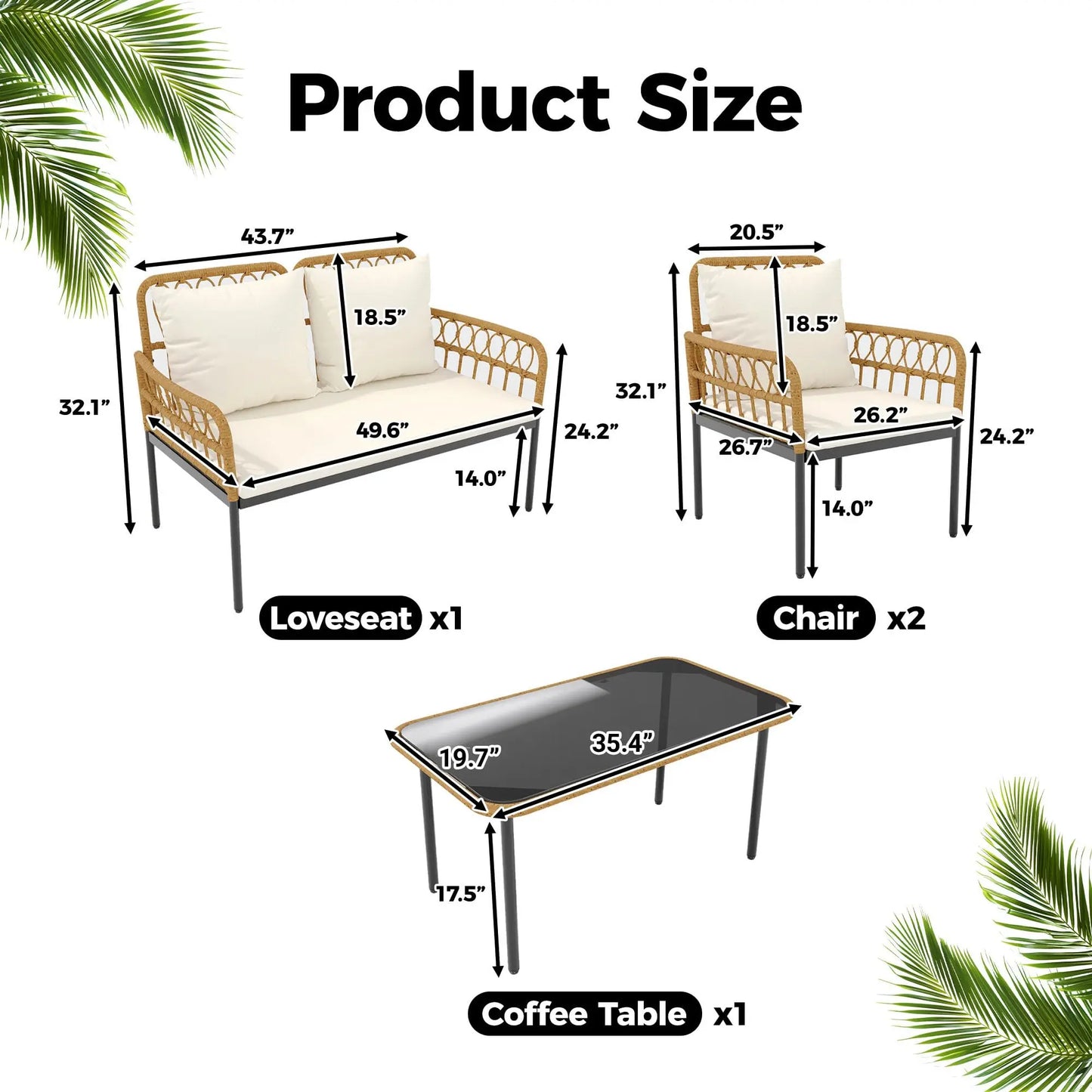 HiMISS 4-Piece Rattan Patio Set With Glass Table Outdoor
