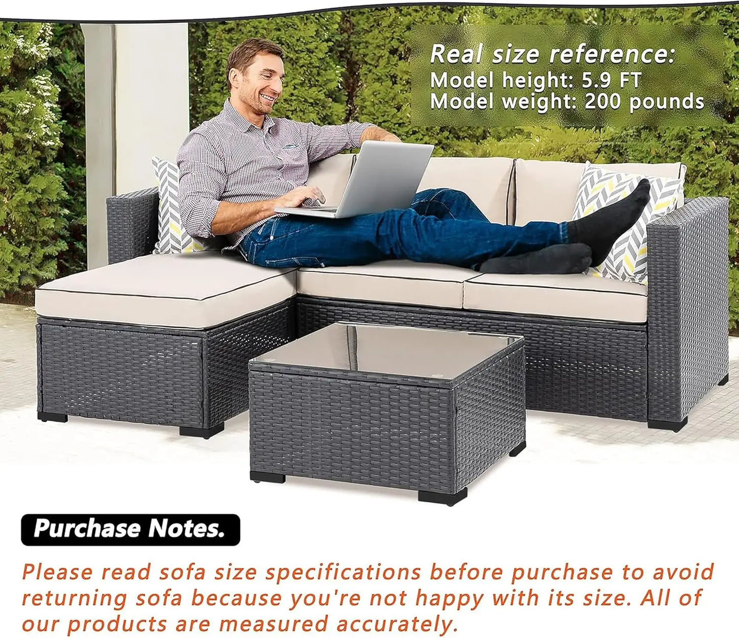 Outdoor 3 Piece Sectional Set With Glass Table And Cushions