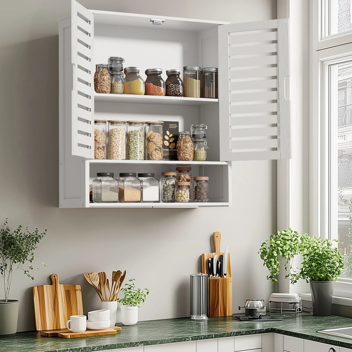 Natural Bamboo Wall Mounted Bathroom Cabinet 3 Tier Storage Shelf