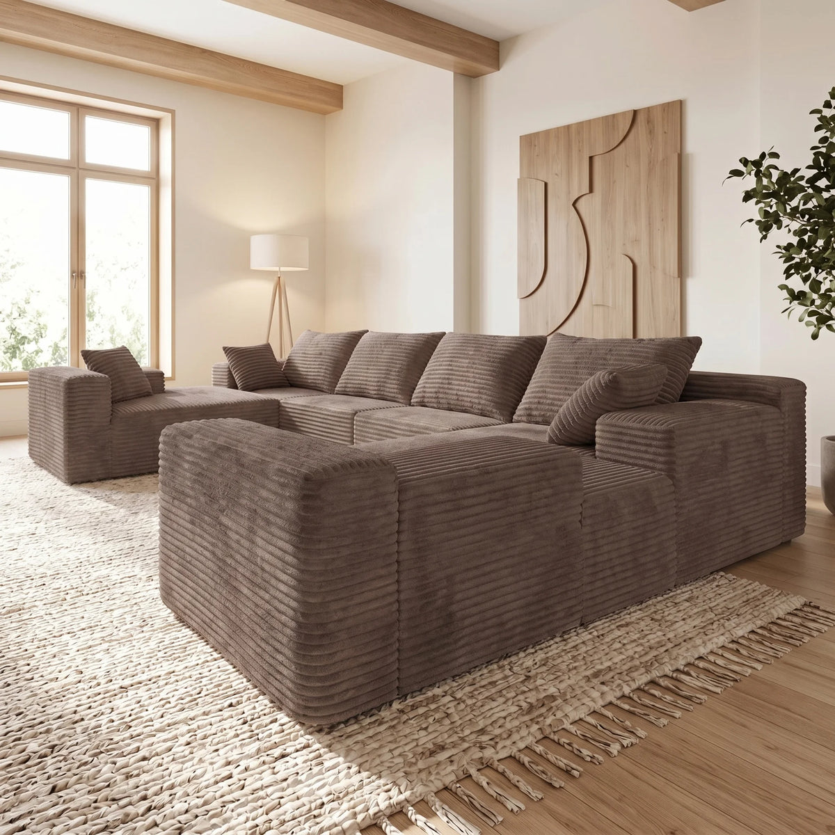 U Shaped Corduroy Sectional Sofa Deep Seat Cloud Couch