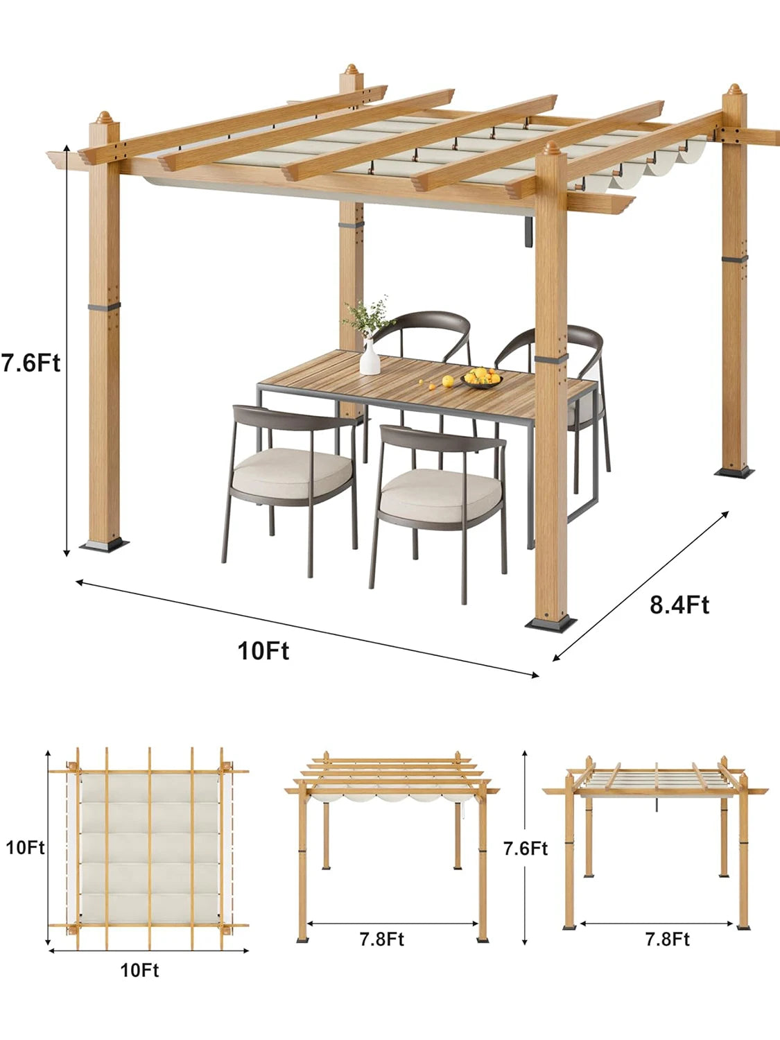 HiMISS Outdoor Pergola With Retractable Canopy Faux Wood Gazebo