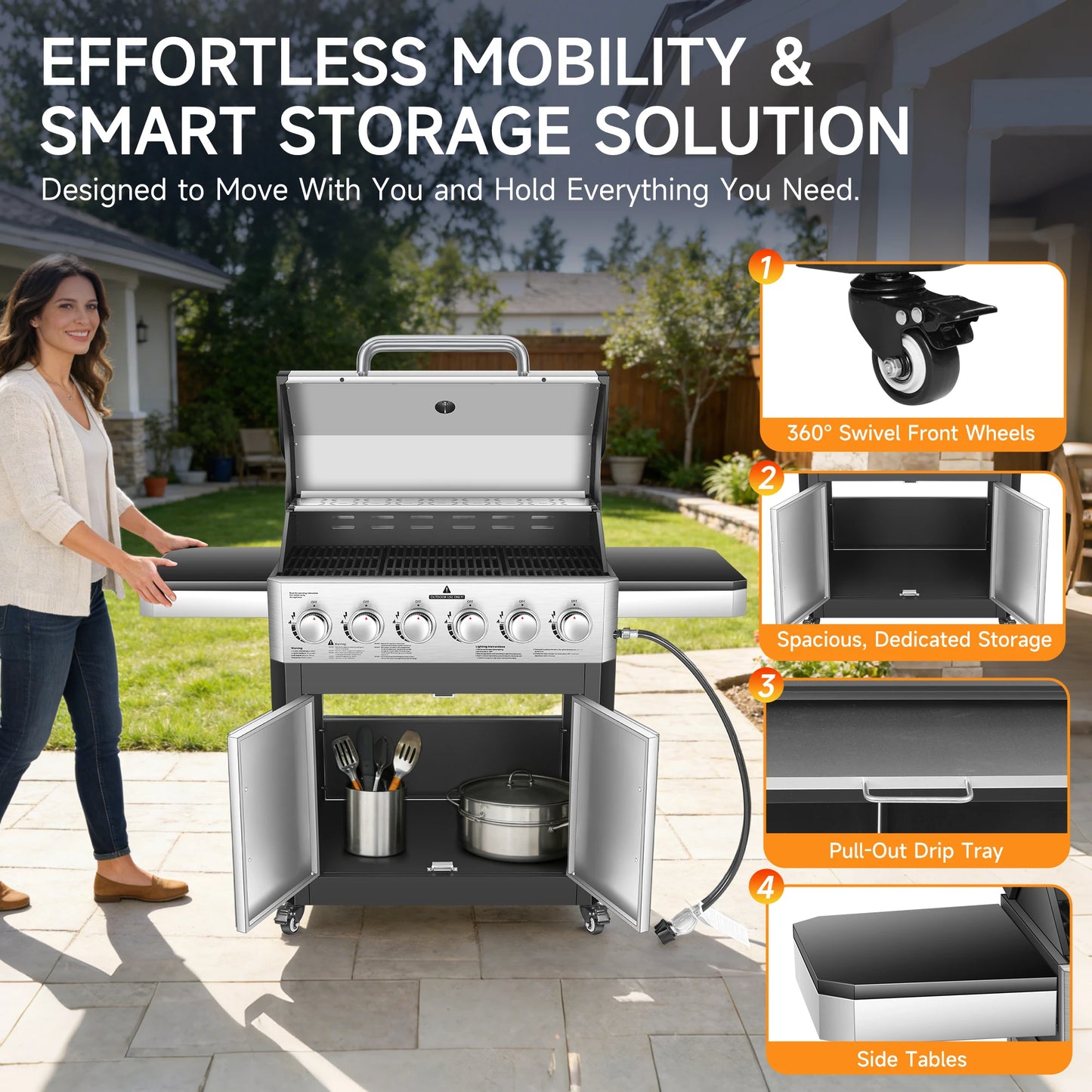 6 Burner Propane Gas Grill 60000 BTU Cabinet Outdoor BBQ Stainless Steel