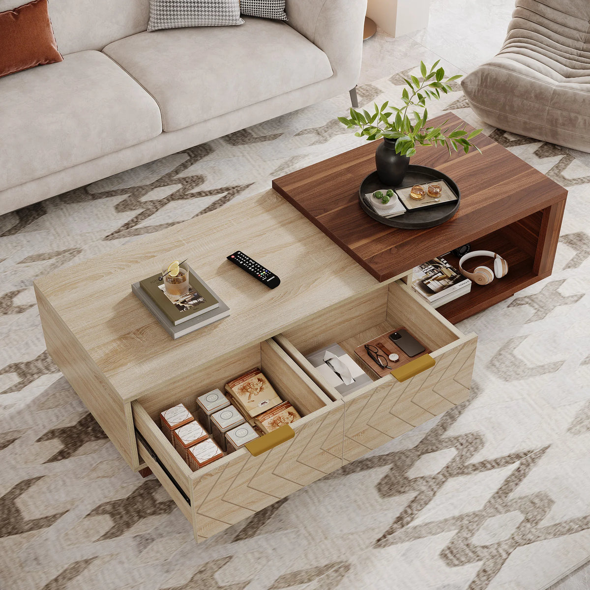 Tribesigns Adjustable Reversible Wood Coffee Table With Storage Drawers