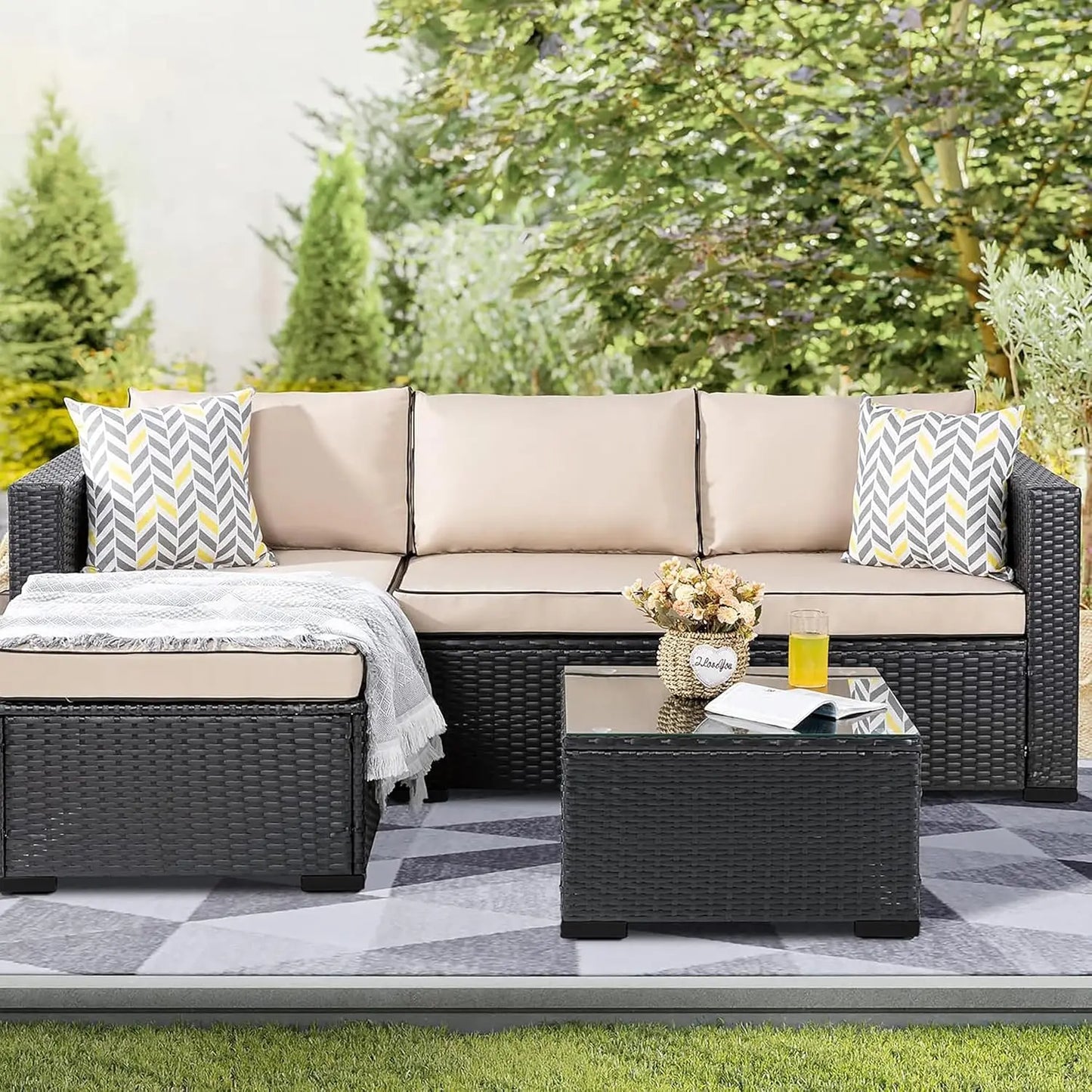 Outdoor 3 Piece Sectional Set With Glass Table And Cushions