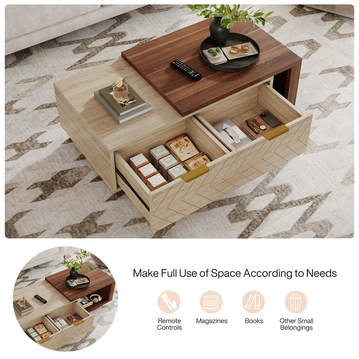Tribesigns Adjustable Reversible Wood Coffee Table With Storage Drawers