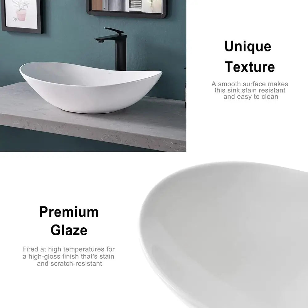 Ceramic Oval Vessel Sink With Pop-Up Drain For Above-Counter Bathroom