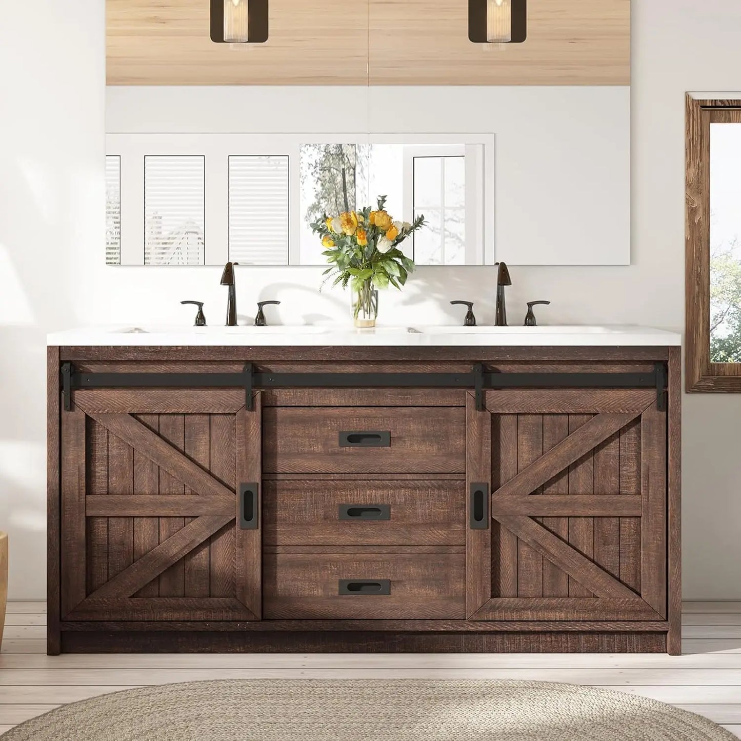 GUANGBAI Farmhouse Sliding Barn Door Double Vanity With Integrated Sink