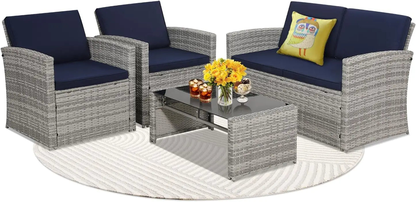 Outdoor 4 Piece Patio Conversation Set Rattan Sectional Sofa Cushioned
