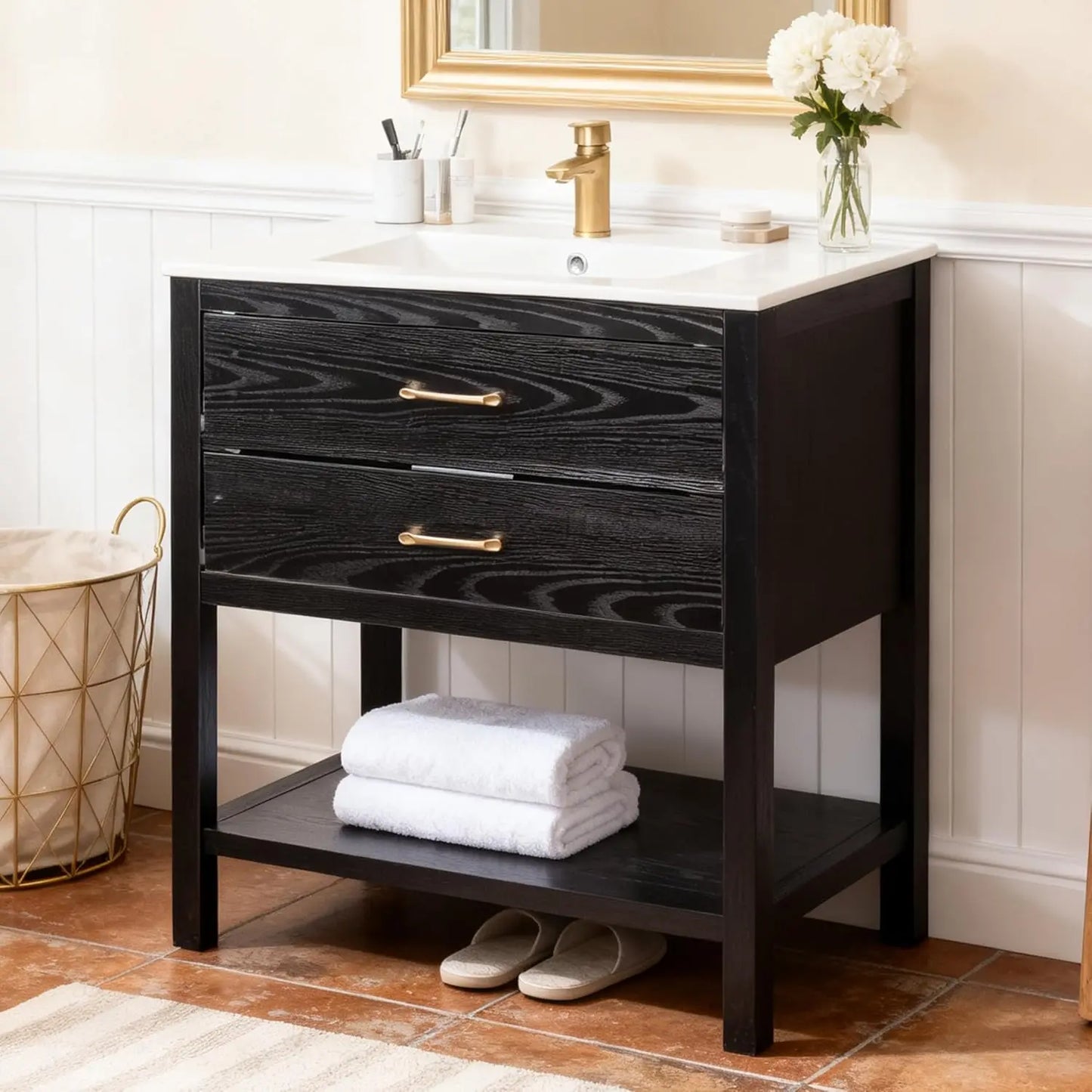 Farmhouse Freestanding Bathroom Vanity With Sink Oak Cabinet Drawers