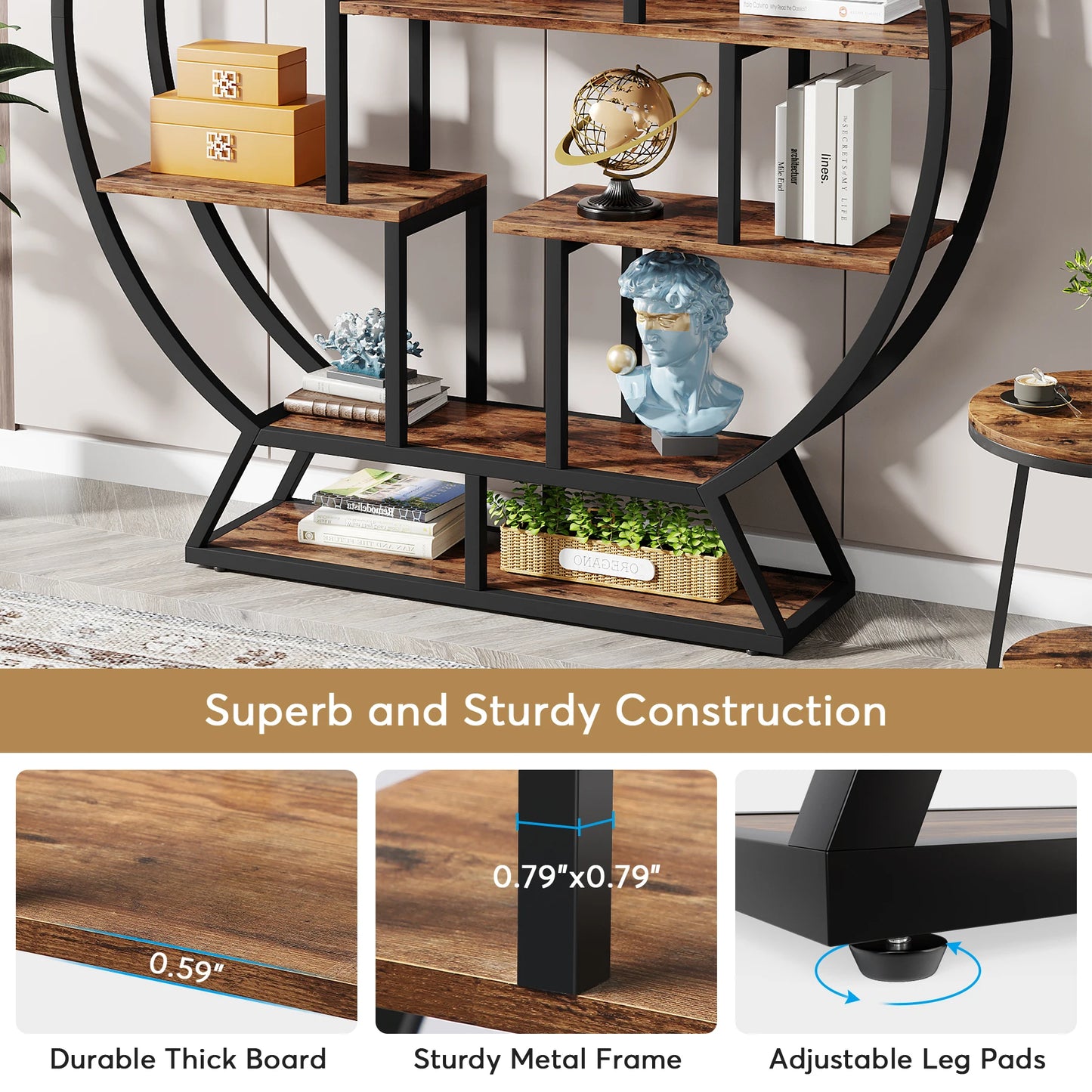 Tribesigns Round Bookshelf Etagere Five Tier Industrial Wood Bookcase