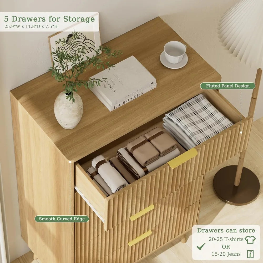 Modern Fluted 5 Drawer Dresser In Oak Finish For Bedroom