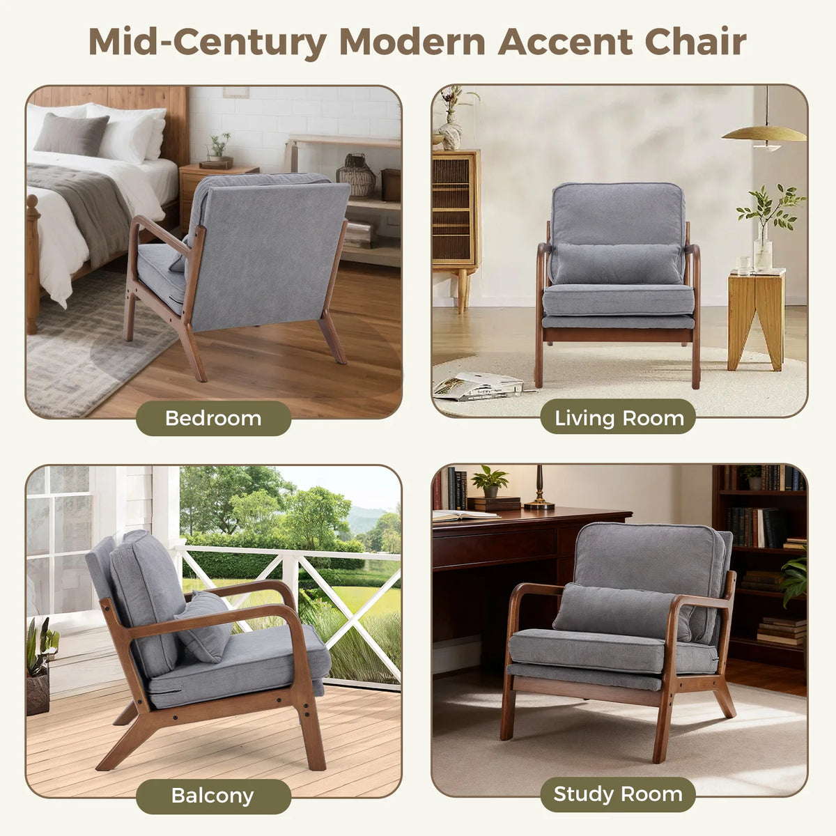 JHK Mid Century Modern Wooden Accent Chair With Arms