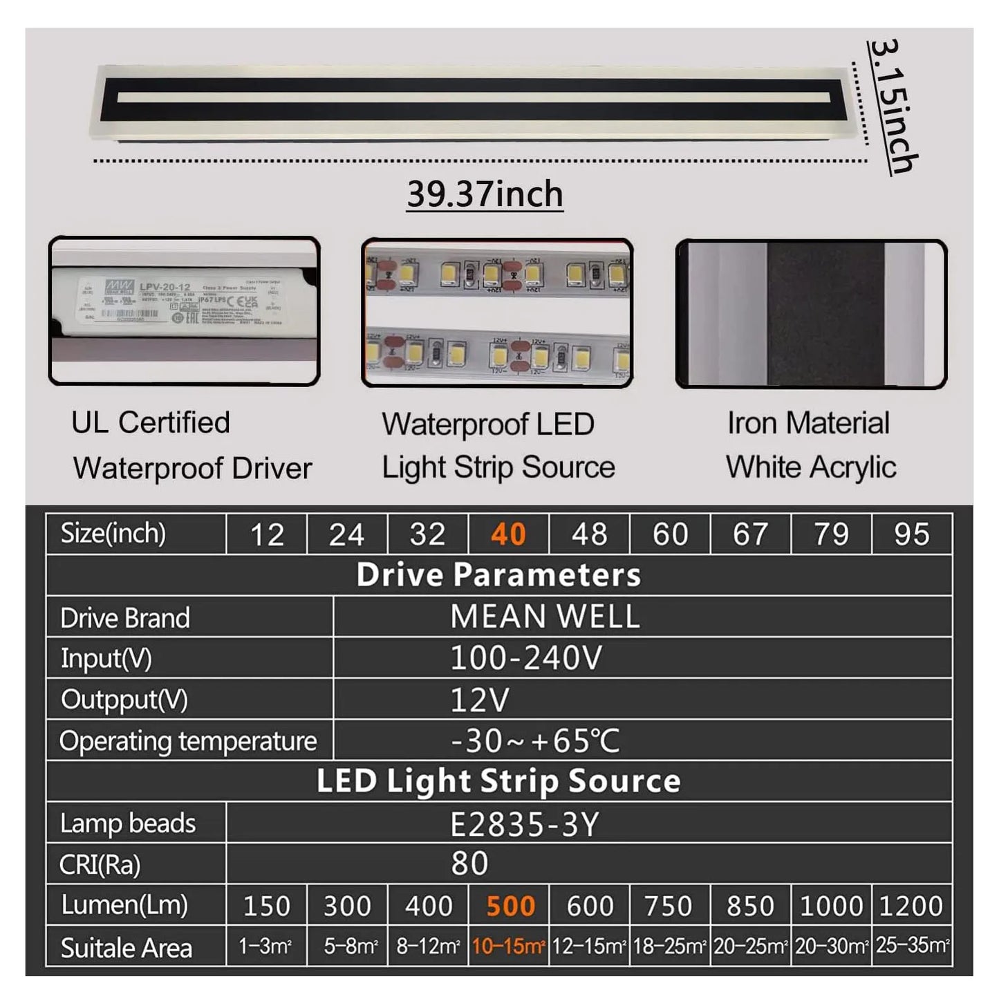 Outdoor Long Strip Modern LED Wall Sconce Fixture IP67 Frosted Acrylic