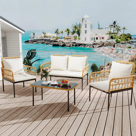 HiMISS 4-Piece Rattan Patio Set With Glass Table Outdoor