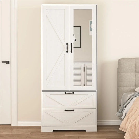 Armoire Wardrobe Closet With Mirror Doors And Hanging Rod Storage
