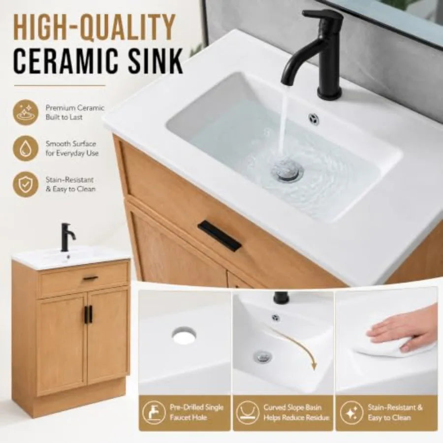 Bathroom Vanity With Ceramic Sink And Water Resistant Wood Cabinet