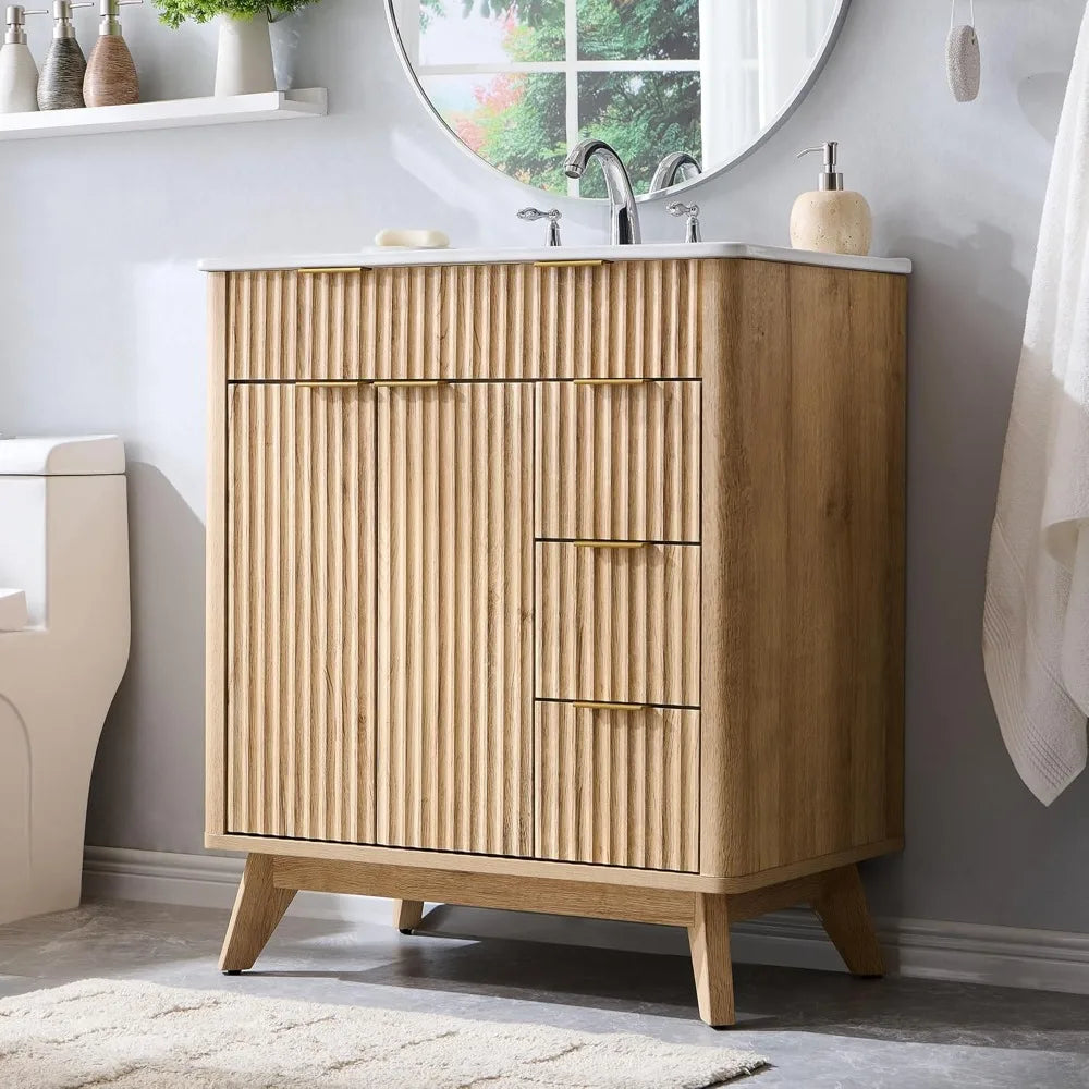 Freestanding Bathroom Vanity With Ceramic Sink And 3 Drawers