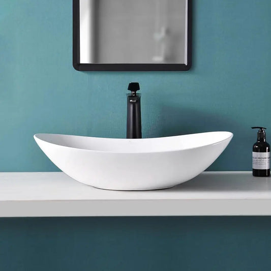 Ceramic Oval Vessel Sink With Pop-Up Drain For Above-Counter Bathroom