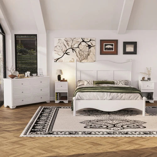 Retro Style 4-Piece Bedroom Set Platform Bed Storage Nightstand Dresser