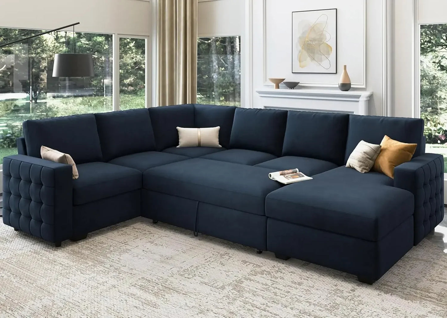 U Shape Sectional Sleeper Sofa With Storage Chaise