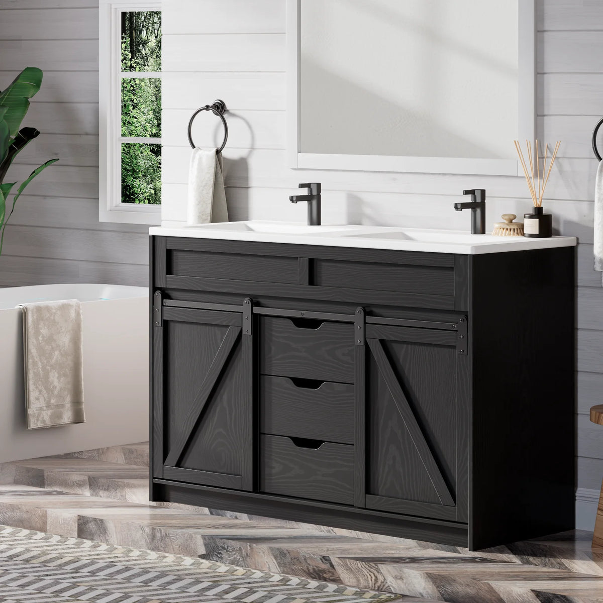 EVOKEDEN Farmhouse Bathroom Vanity With Sink Barn Doors Drawers