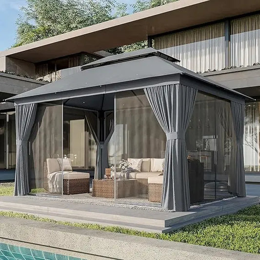XMSJ Weatherproof Outdoor Gazebo Canopy With Double Roofs AllSeason MosquitoNetPro