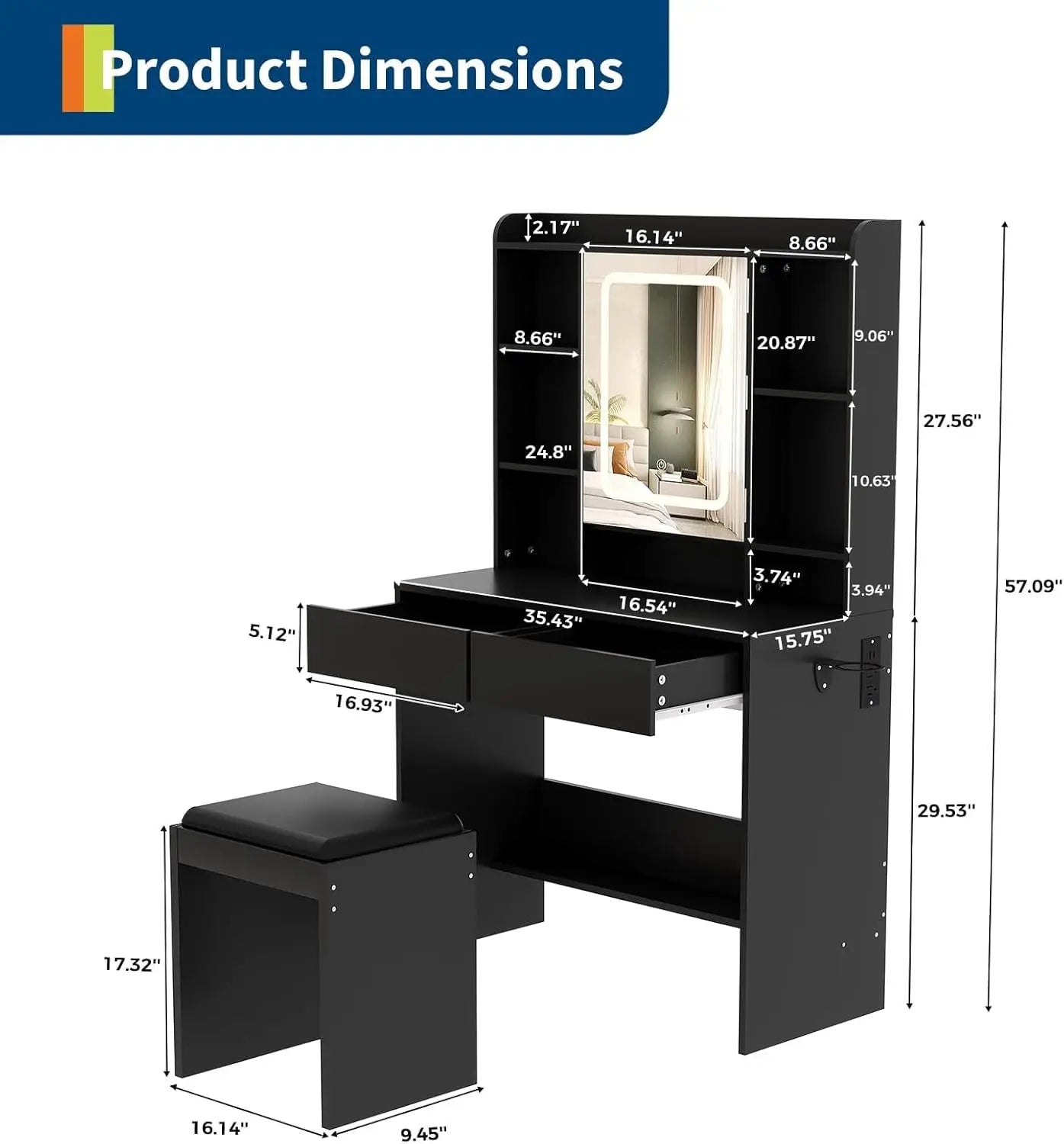 HiMISS Vanity Desk With Mirror And Lights Makeup Table Set
