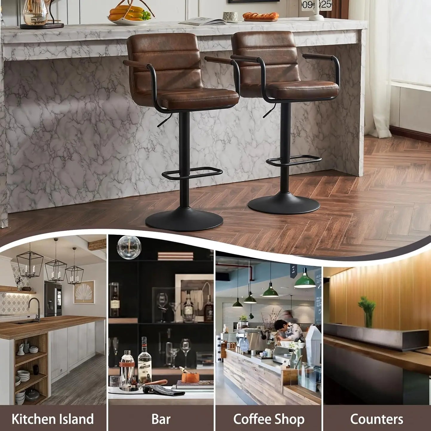 PU Leather Bar Stools Set Of 2 With Swivel Backrests