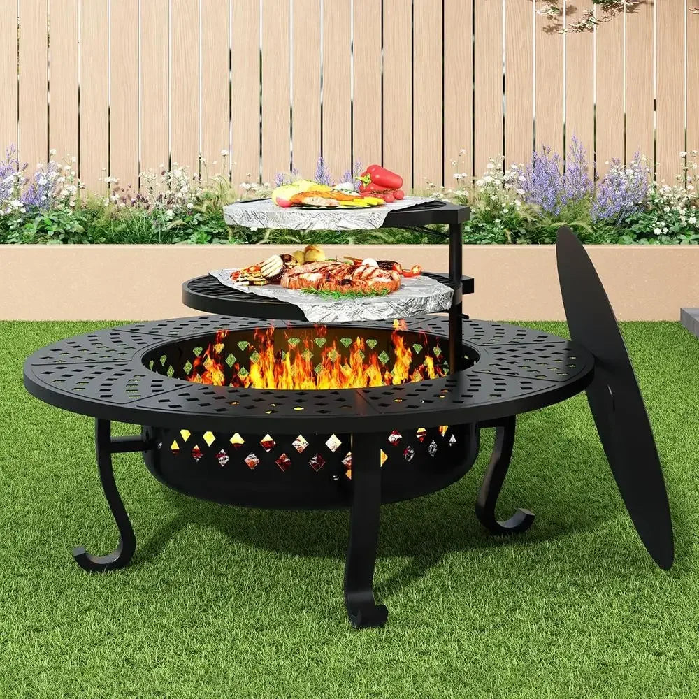 Outdoor Wood Burning Fire Pit With Two Grill Grates