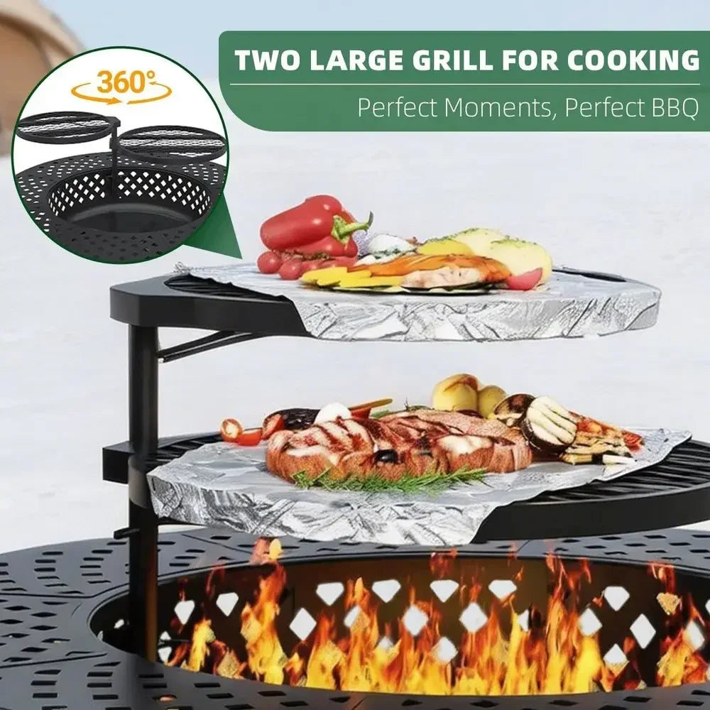 Outdoor Wood Burning Fire Pit With Two Grill Grates