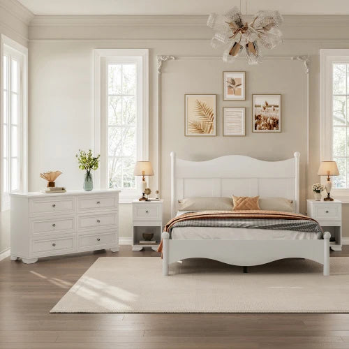 Retro Style 4-Piece Bedroom Set Platform Bed Storage Nightstand Dresser