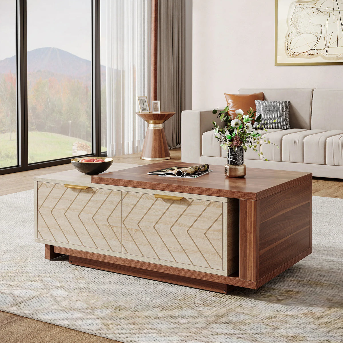 Tribesigns Adjustable Reversible Wood Coffee Table With Storage Drawers