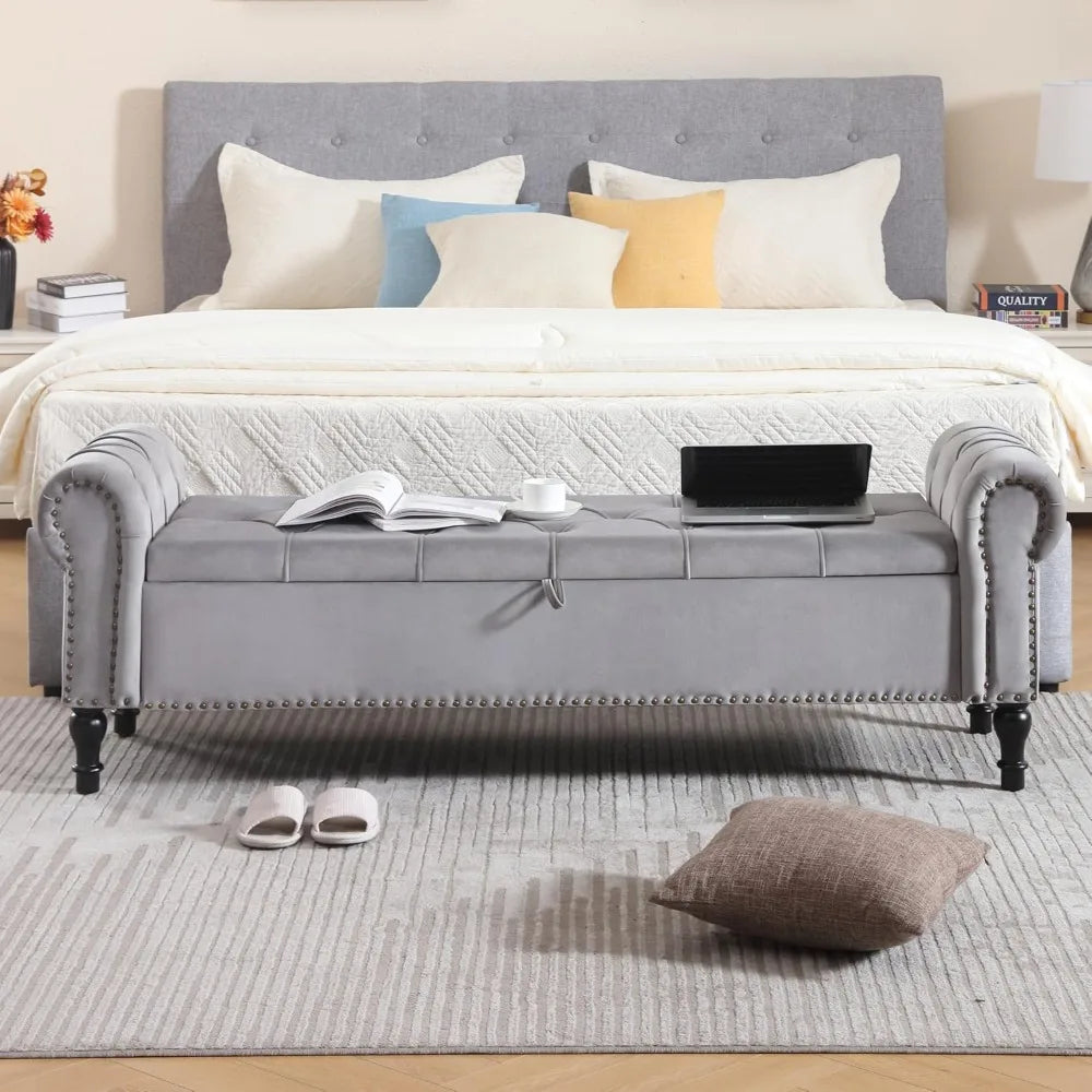 Velvet Tufted Storage Bench With Arms For Bedroom Living Room