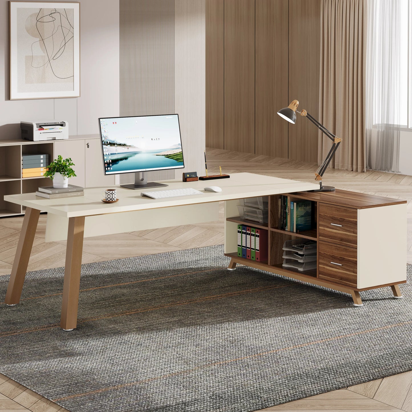 Tribesigns Executive L Shaped Desk With Cabinet And Shelves