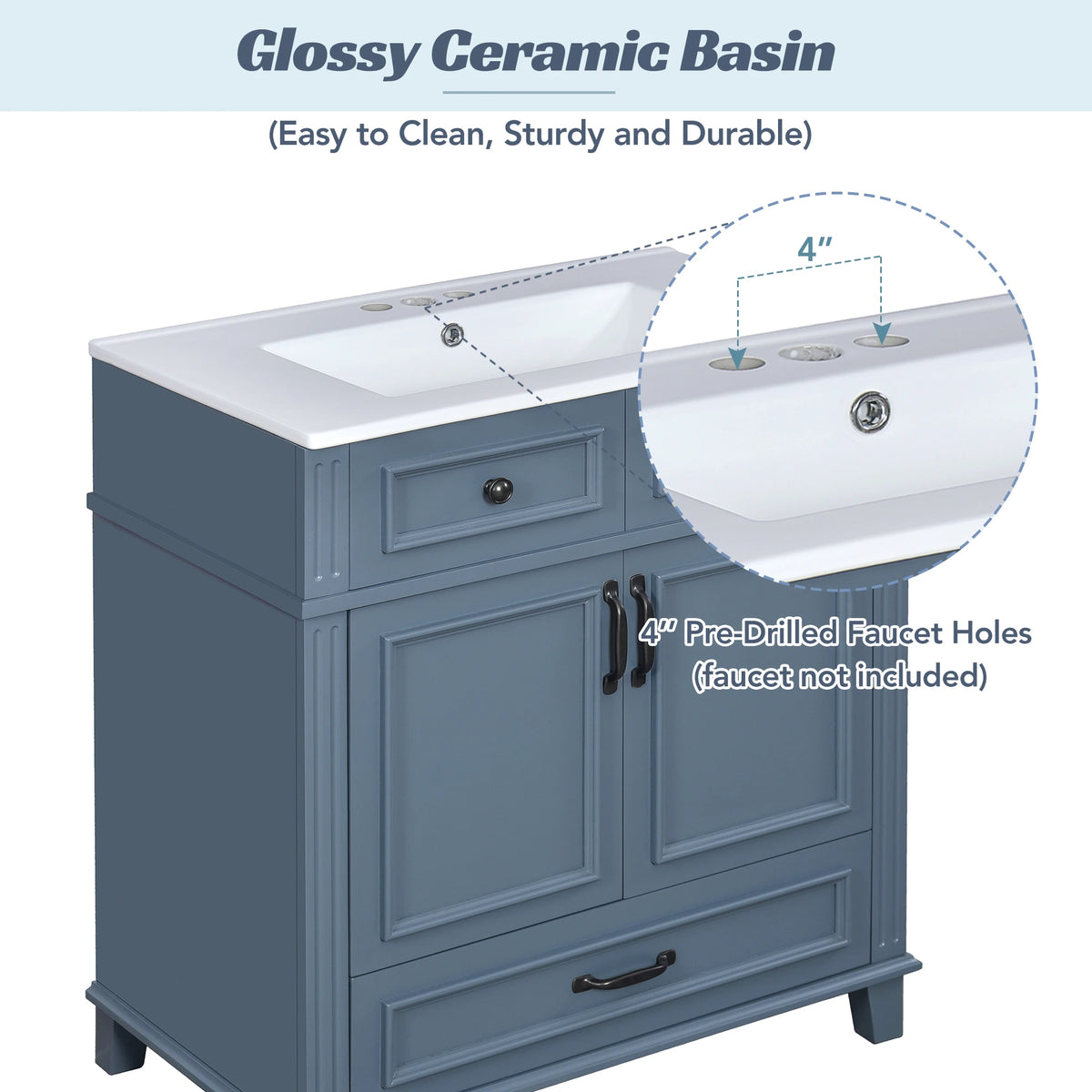 Solid Wood Bathroom Vanity With Ceramic Sink Soft Close Storage