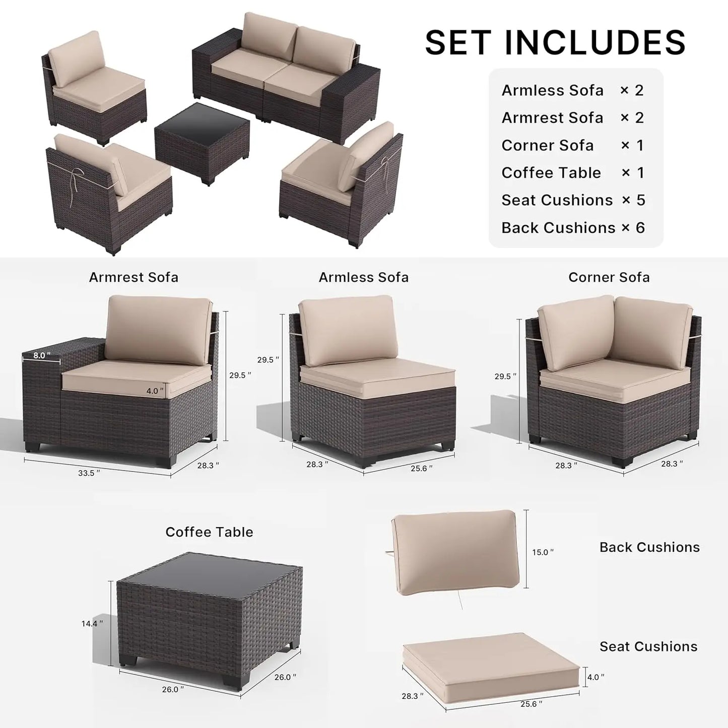 Rattan Patio Furniture Set Outdoor Sectional With Wide Armrests