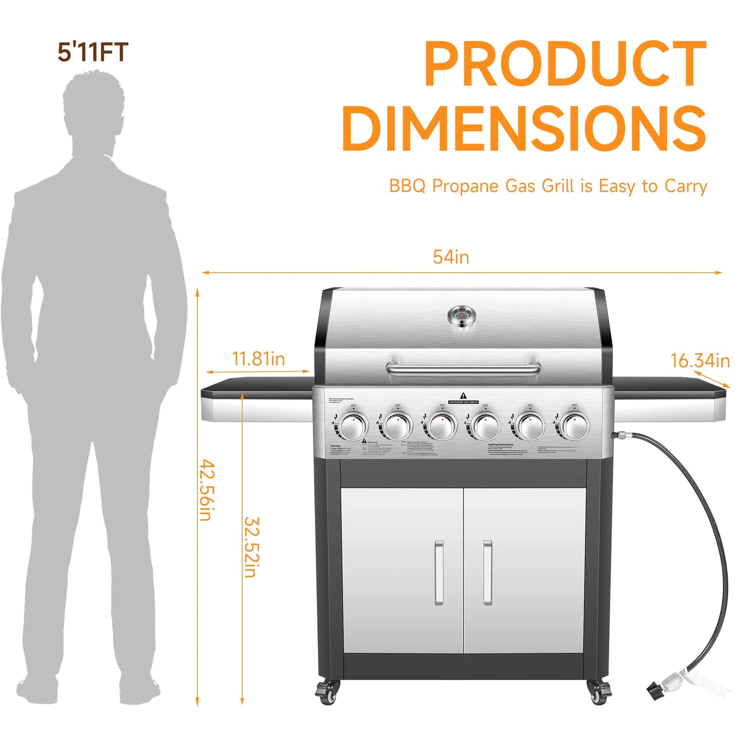 6 Burner Propane Gas Grill 60000 BTU Cabinet Outdoor BBQ Stainless Steel