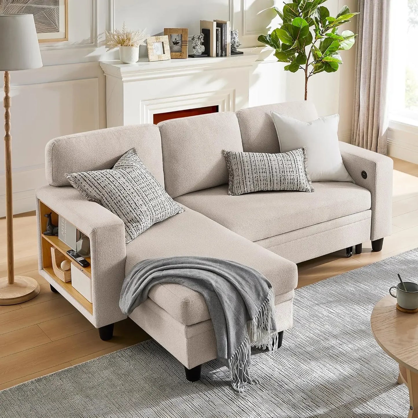 L Shaped Convertible Sleeper Sofa Bed With Storage Bookshelves USB