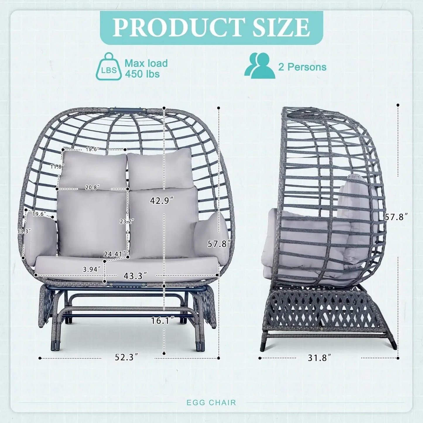 XMSJ Outdoor Double Egg Chair Patio 500lb Capacity