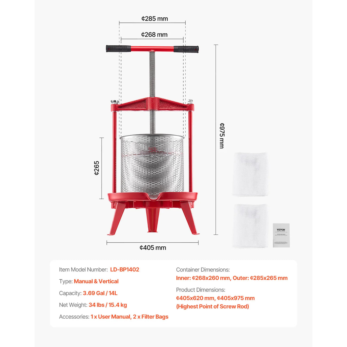 Manual Stainless Steel Fruit Wine Press With Crossbeam Juice Maker