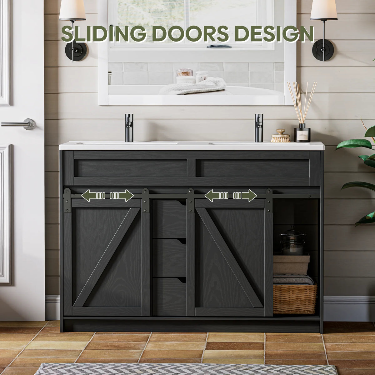 EVOKEDEN Farmhouse Bathroom Vanity With Sink Barn Doors Drawers