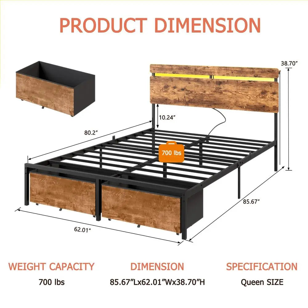 Wood Headboard Bed Frame With Storage Drawers And LED Lights