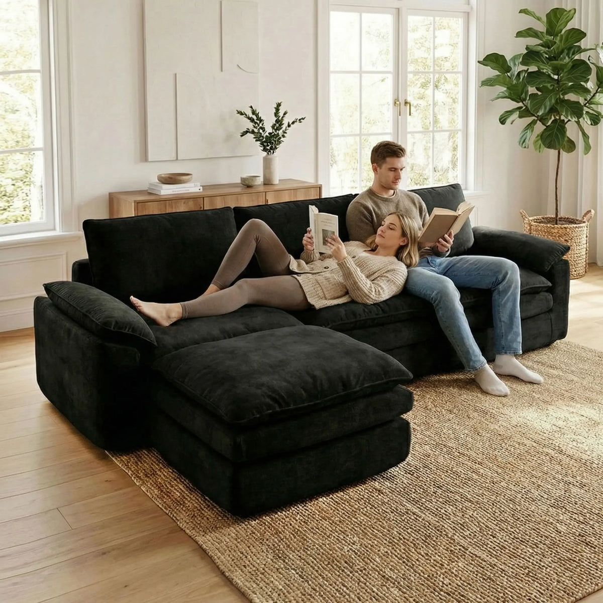L Shaped Chenille Cloud Sofa Modular Sectional With Chaise Lounge
