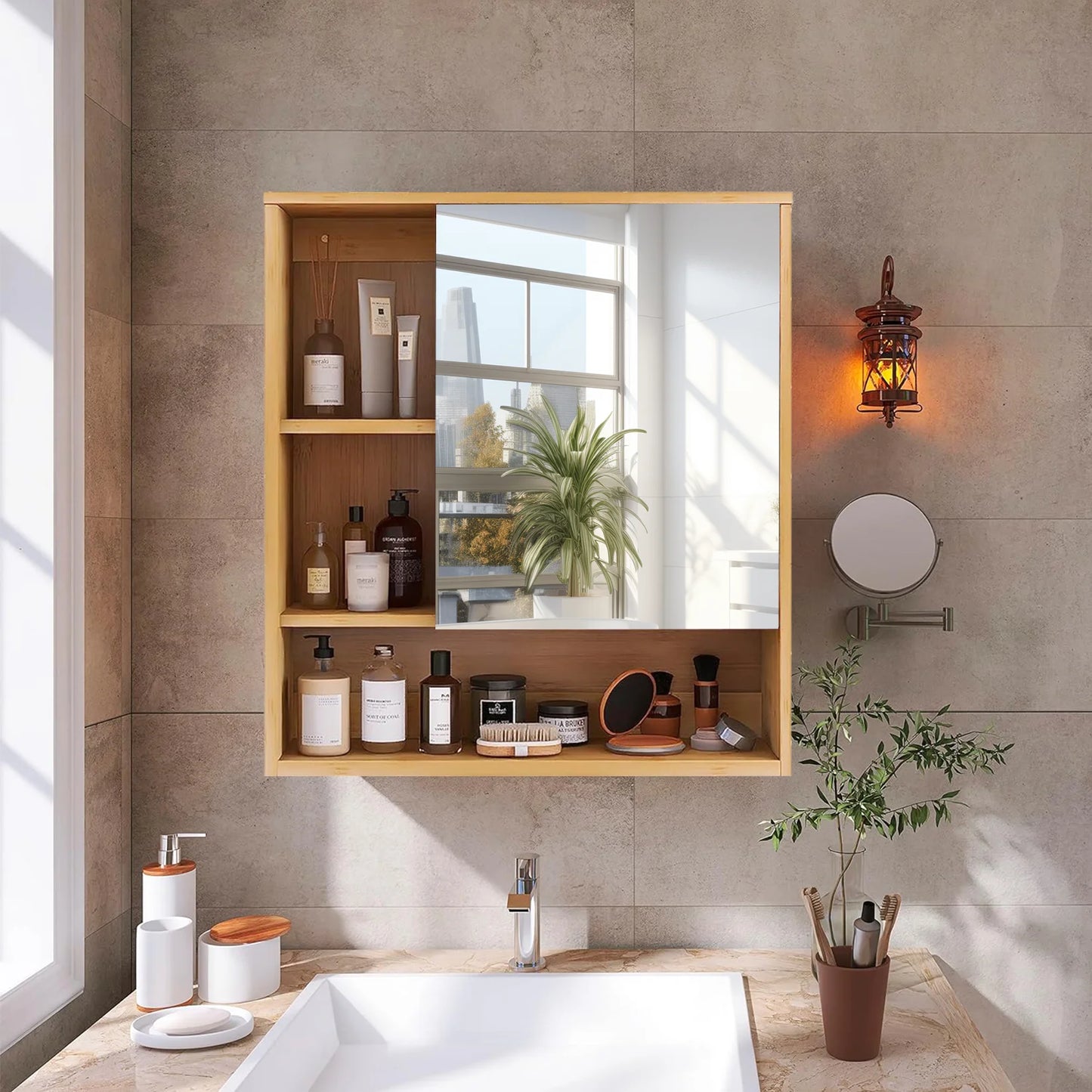 Wisfor Wall Mounted Bamboo Medicine Cabinet With Mirror