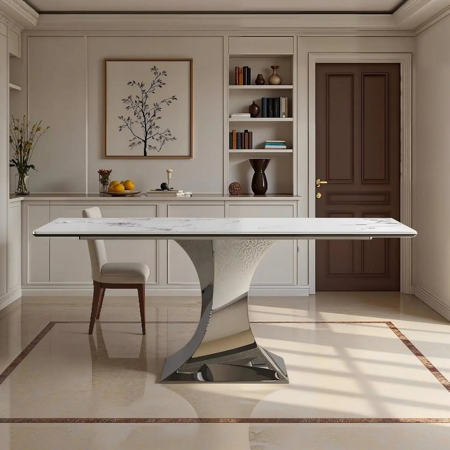 Sintered Stone Dining Table With Marble Top Carbon Steel Base